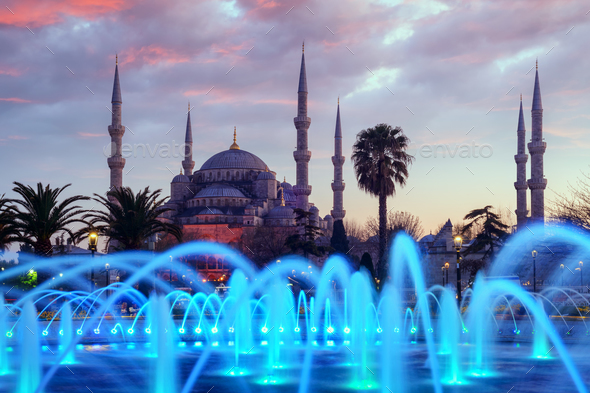 Fountain on Sultanahmet area in evening time - Stock Photo - Images