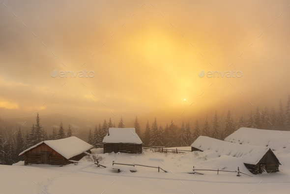 Fantastic landscape with snowy house - Stock Photo - Images