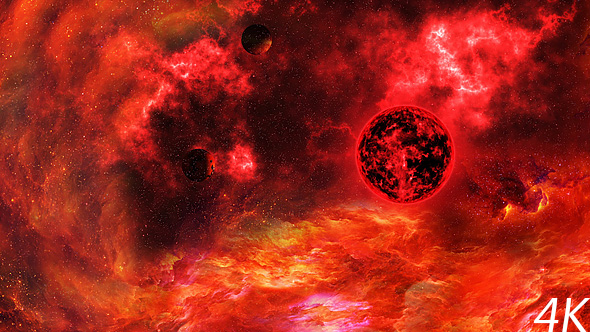 Flying Through Abstract Red Space Nebula to the Big Red Star and Planets