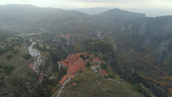 Aerial View of the Meteora Rocky Landscape and Monasteries in Greece. alt