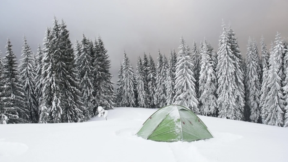 Green Tent in Winter Mountains