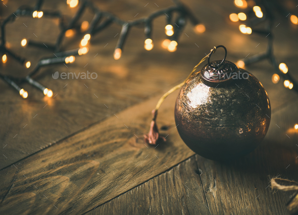 Christmas tree toy decoration ball on wooden background, copy space - Stock Photo - Images