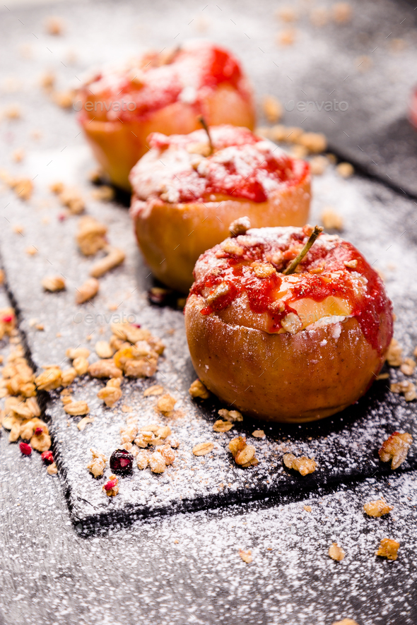 Red Baked Apples Stuffed Cottage Cheese And Granola With Jam