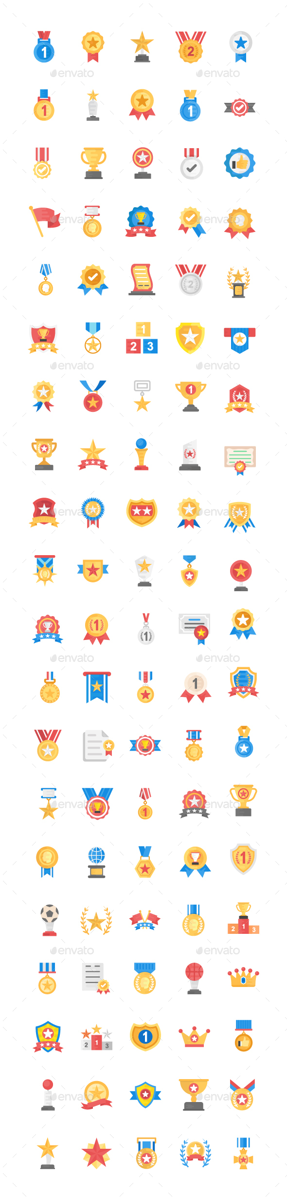 100 Medals and Rewards Flat Icons - Icons