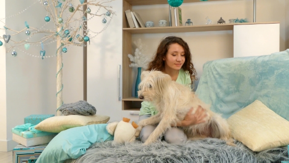 The Girl Hugs and Plays with the Dog on the Bed