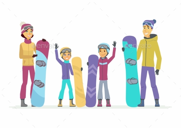 Family Goes Snowboarding - Cartoon People - Sports/Activity Conceptual