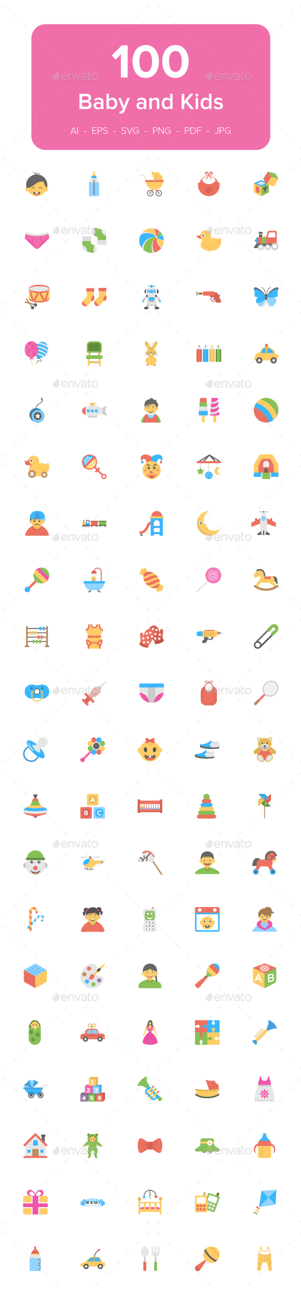100 Flat Icons Set of Baby and Kids - Icons