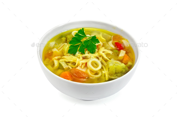 Soup Minestrone in white bowl with parsley - Stock Photo - Images