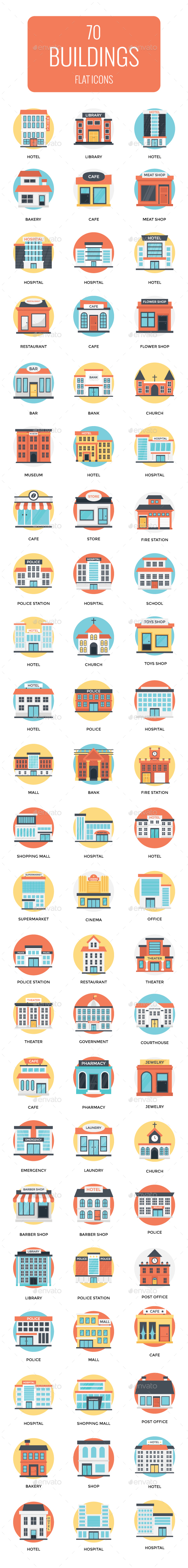 70 Flat Icons Set of Buildings - Icons