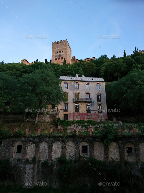 Views of the old  "Hotel of the woods" and the Alhambra at sunset - Stock Photo - Images