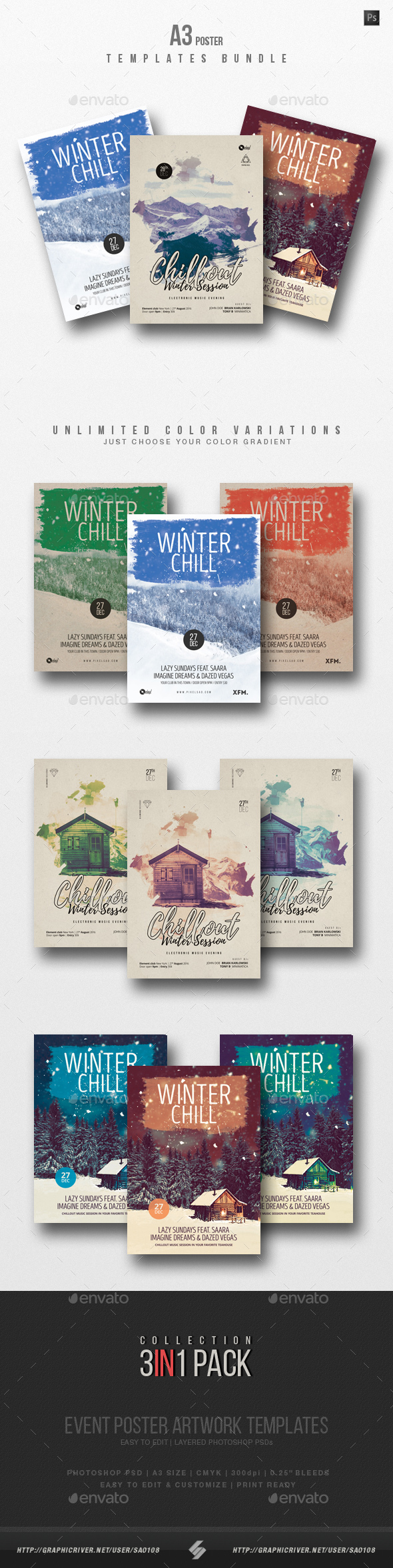 Winter Chillout - Party Flyer / Poster Templates Bundle A3 - Events Flyers
