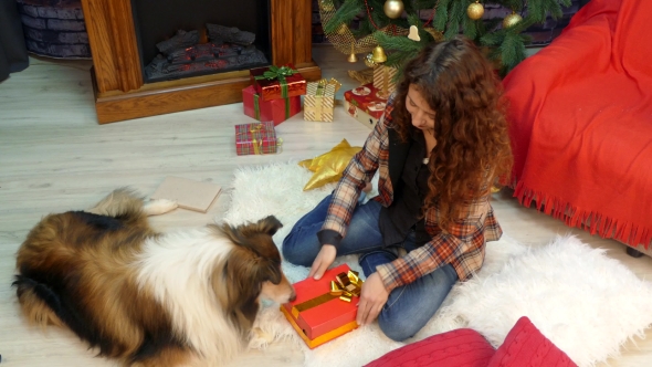 A Girl Gives a Gift with Cookies To Her Dog