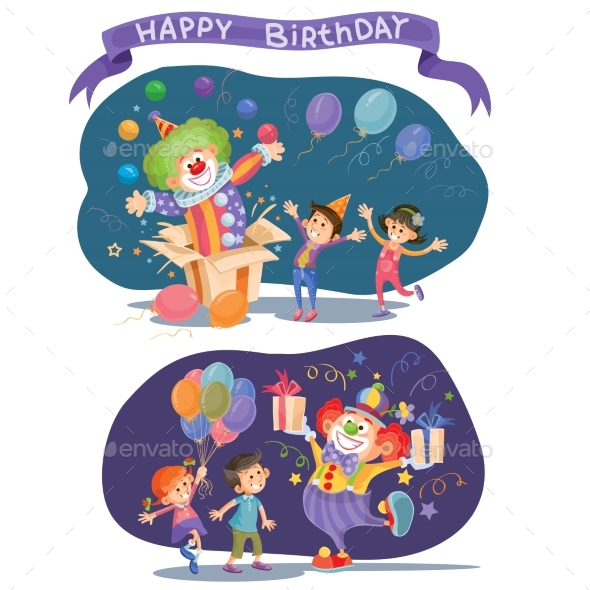 GraphicRiver Birthday Background with Happy Kids and Clown 21130478