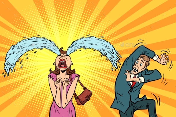 Whimsical Weeping Woman and Frightened Man - People Characters