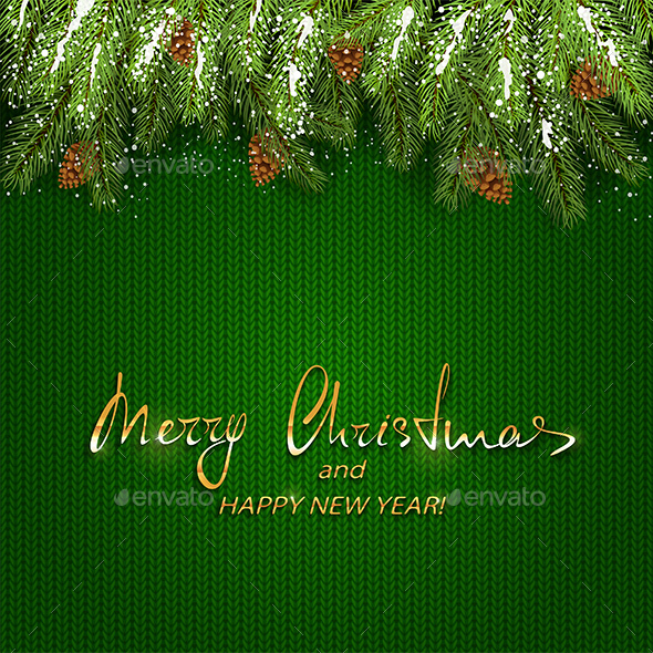 Christmas Lettering on Green Knitted Background and Fir Tree Branches with Snow - Christmas Seasons/Holidays