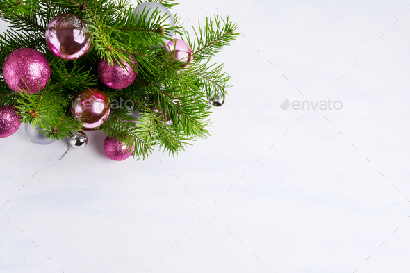 Christmas greeting with magenta, pink and silver ornaments, copy - Stock Photo - Images
