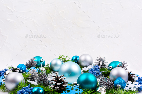 Christmas silver, pale blue, turquoise balls, glitter berries ba - Stock Photo - Images