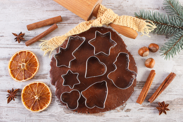 Dough for festive Christmas cookies, spice and ingredient for baking gingerbread - Stock Photo - Images