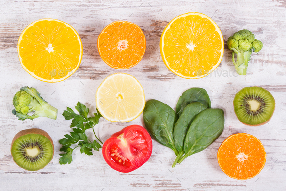 Fruits and vegetables containing vitamin C, fiber and minerals - Stock Photo - Images