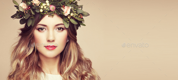 Beautiful blonde woman with flower wreath on her head - Stock Photo - Images