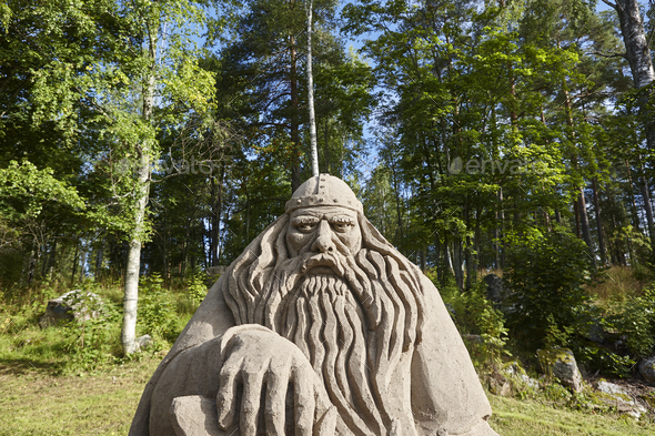 Viking head detail made with sand. Scandinavian culture. Horizontal
