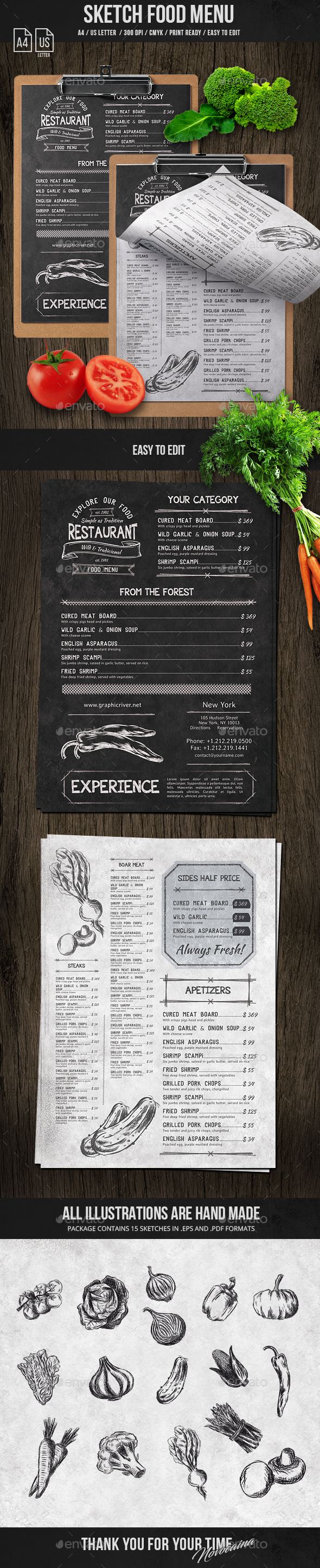 Sketch A4 and US Letter Single Page Menu - Food Menus Print Templates