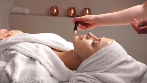 Cosmetician Applying Facial Mask To the Face of Young Woman in Spa Salon. alt
