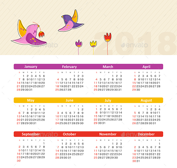 Vector Calendar 2018 with bird. Week Starts Sunday