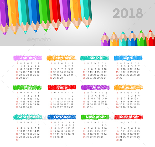 Vector Calendar 2018 year with a pencil. Week Starts Sunday