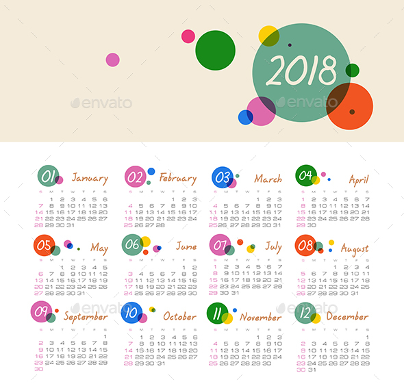 Calendar 2018 year. Week starts from Sunday