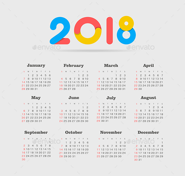 Vector Calendar 2018 year. Week Starts Sunday