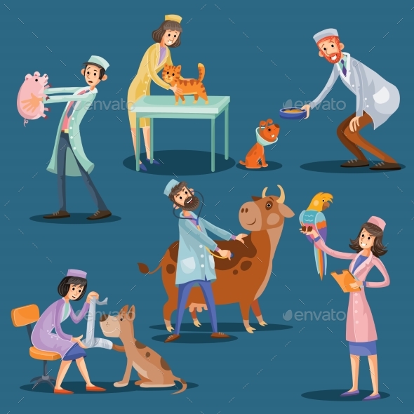 Vets with Pets Cartoon Vector Illustration