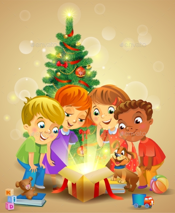 GraphicRiver Christmas Miracle Kids Opening a Magic Gift 21135383 GraphicRiver Christmas Miracle Kids Opening a Magic Gift 21135383