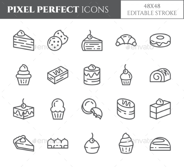 GraphicRiver Cakes and Cookies Theme Pixel Perfect Line Icons 21137911