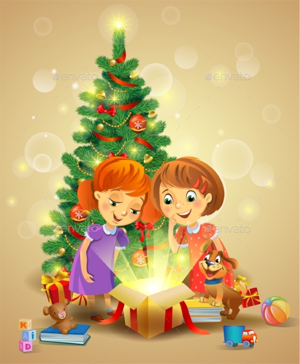 GraphicRiver Christmas Miracle Girls Opening a Magic Gift 21138138 GraphicRiver Christmas Miracle Girls Opening a Magic Gift 21138138