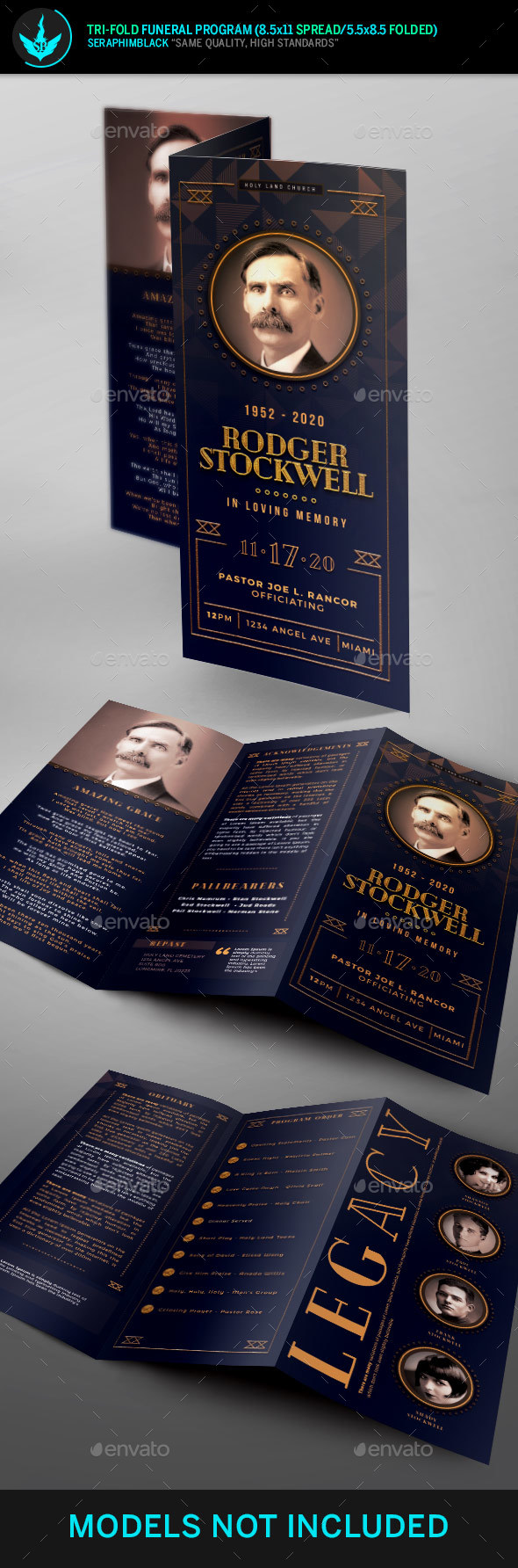Art Deco Tri-Fold Funeral Program Template - Informational Brochures