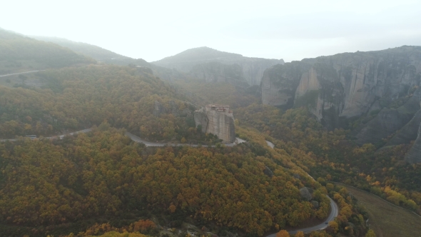 Aerial View of the Meteora Rocky Landscape and Monasteries in Greece. alt