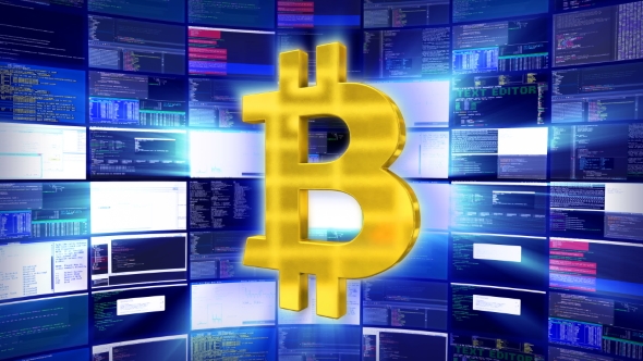 Gold Bitcoin Sign Against a Mining Farm in Asia alt