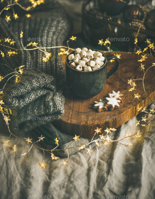 Christmas winter hot chocolate with marshmallows and cookies - Stock Photo - Images