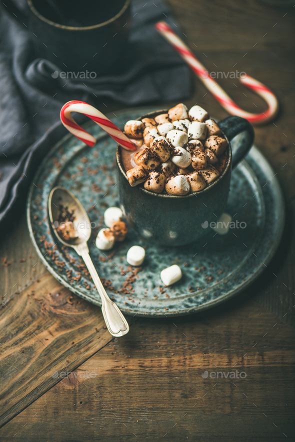 Christmas hot chocolate with marshmallows and cocoa, copy space - Stock Photo - Images