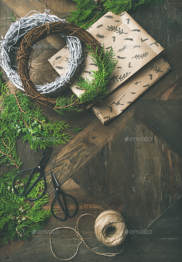 Flat-lay of Christmas and New Year decoration materials, copy space - Stock Photo - Images