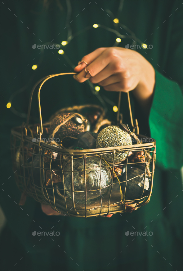 Christmas, New Year tree vintage toys in hands of woman - Stock Photo - Images