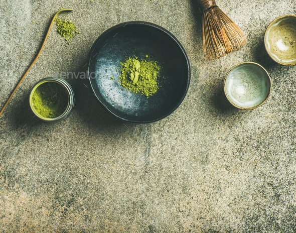 Japanese tools for brewing matcha green tea, grey concrete background - Stock Photo - Images