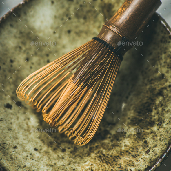 Chasen bamboo whisk, Chawan bowl over grey background, square crop - Stock Photo - Images