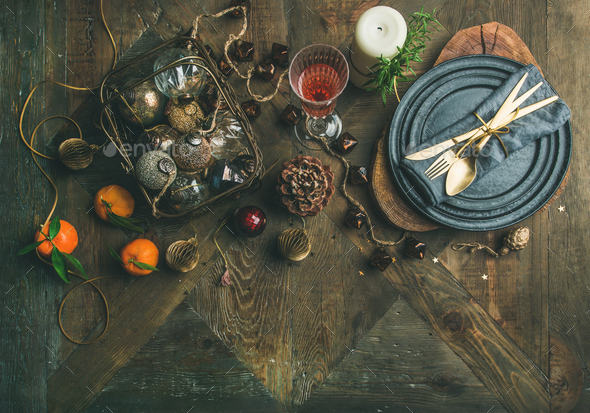 Christmas or New Years eve holiday table setting, copy space - Stock Photo - Images
