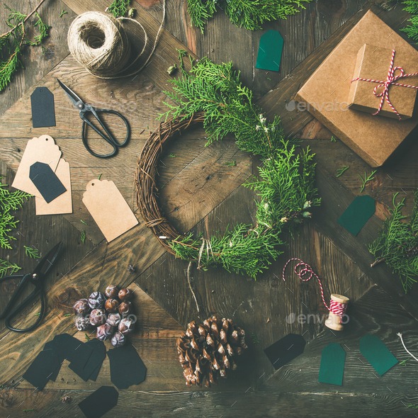 Flat-lay of Christmas and New Year decoration, square crop - Stock Photo - Images