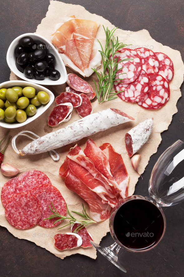 Salami, sausage, prosciutto and wine - Stock Photo - Images