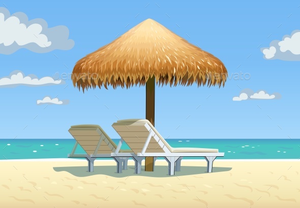 GraphicRiver Ocean Beach with Umbrella and Bed Vector 21140788 GraphicRiver Ocean Beach with Umbrella and Bed Vector 21140788