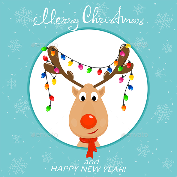 GraphicRiver Head of Reindeer with Christmas Lights on Blue Background 21140927