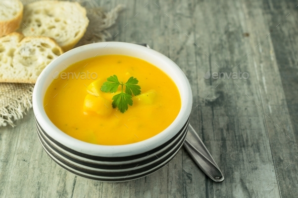 A Bowl of Pumpkin & Potato Vegetable Soup - Stock Photo - Images